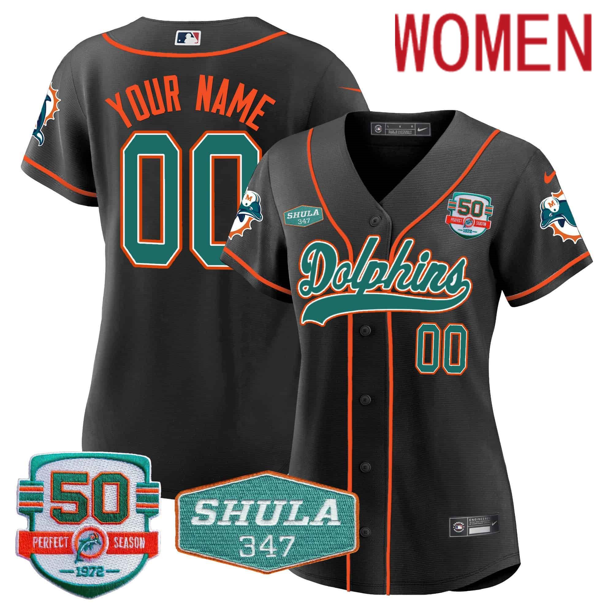 Women Miami Dolphins Black 2024 Nike 50th Don Shula Memorial Patch Baseball Custom NFL Jersey style 1->customized nfl jersey->Custom Jersey